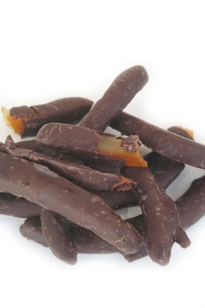 Candied Orange Zest Dipped Dark Chocolate Also Called Orangettes Isolated — Stock Photo, Image