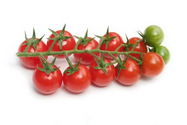 Czerwone Zielone Pomidory Wiśniowe Gałęzi Izolowane Białym Tle — Zdjęcie stockowe