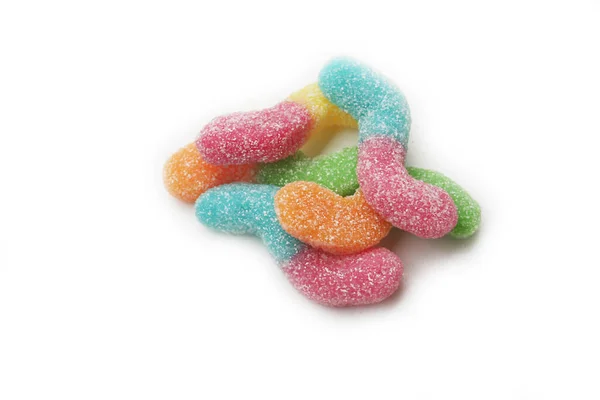 Bunte Gelee Bonbons Form Eines Würmers Auf Weißem Hintergrund Gummiwürmer — Stockfoto