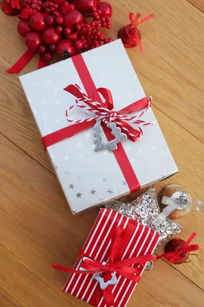 Christmas Red Silver Gift Boxes Wooden Table Decorations Christmas Festive — Stock Photo, Image