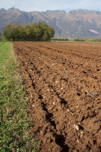 Plowed Field Countryside Mountais Landscape Agricultural Landscape Autumn — Stock Photo, Image