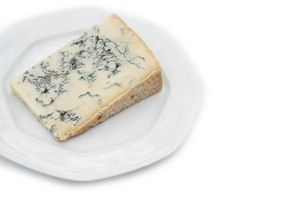 Trancher Fromage Gorgonzola Sur Une Assiette Isolée Sur Fond Blanc — Photo