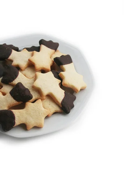Biscoitos Manteiga Envidraçados Com Chocolate Forma Estrela Cadente Uma Placa — Fotografia de Stock