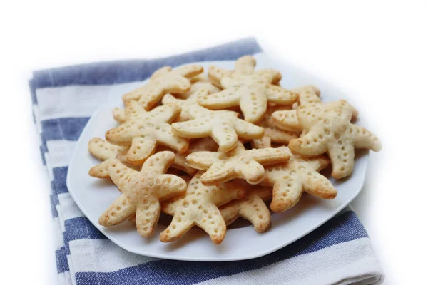 Salty Cheese Cookies Shape Starfish Plate Isolated White Background — Stock Photo, Image