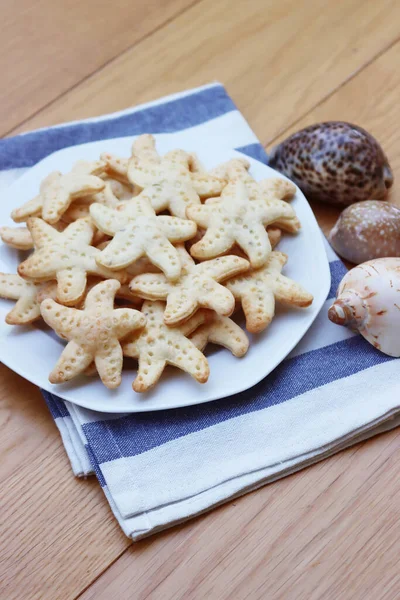 Salty Cheese Cookies Shape Starfish Plate Wooden Table — Stock Photo, Image