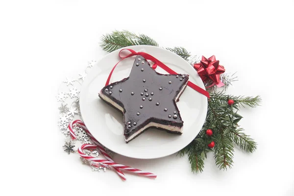 Christmas Dessert Homemade Cheesecake Shape Star Plate Isolated White Decorations — Stock Photo, Image