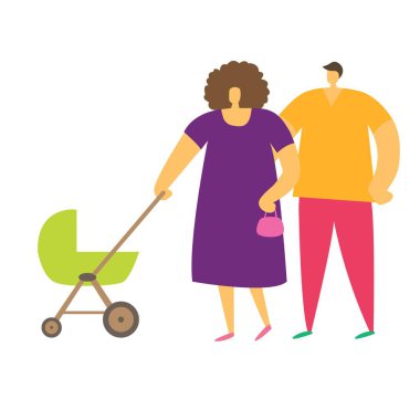 Vektör görüntüsü. Bebek arabasında çocuklu bir aile.