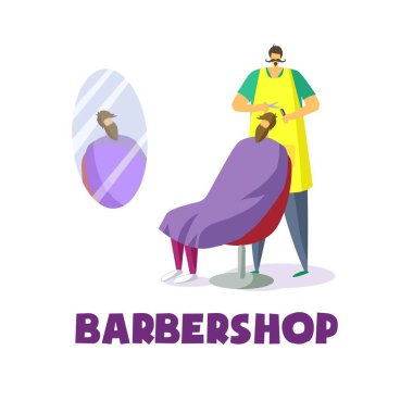 Vektör grafikleri. Berber dükkanı. Kuaför adamı keser. Saç kesimi..
