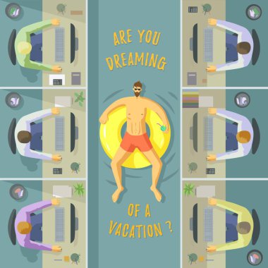 Vektör grafik. Ofisteki lastik halkalı bir adam tatil hayali kurar. Tatil hayali mi kuruyorsun??