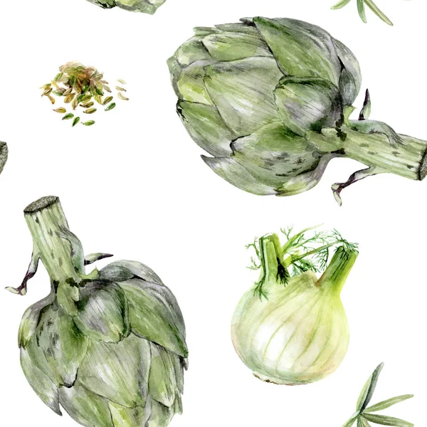 Aquarell Artischocke Fenchel Gemüse isoliert nahtlose Muster. — Stockfoto