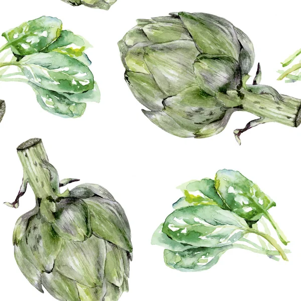 Akvarelu Artyčok špenát zeleniny izolované vzor bezešvé. — Stock fotografie