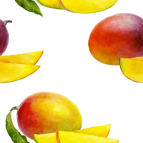 Mango Frucht Aquarell Hand zeichnen Illustration nahtlose Muster — Stockfoto