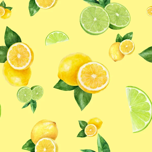 Aquarell handgezeichnete Zitrone, Limettenfrucht nahtloses Muster. — Stockfoto