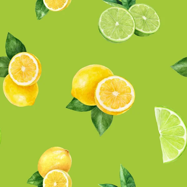 水彩の手描きレモン、ライム果実のシームレス パターン. — ストック写真