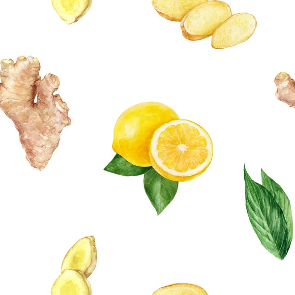 Aquarela mão desenhado limão, gengibre sem costura padrão . — Fotografia de Stock