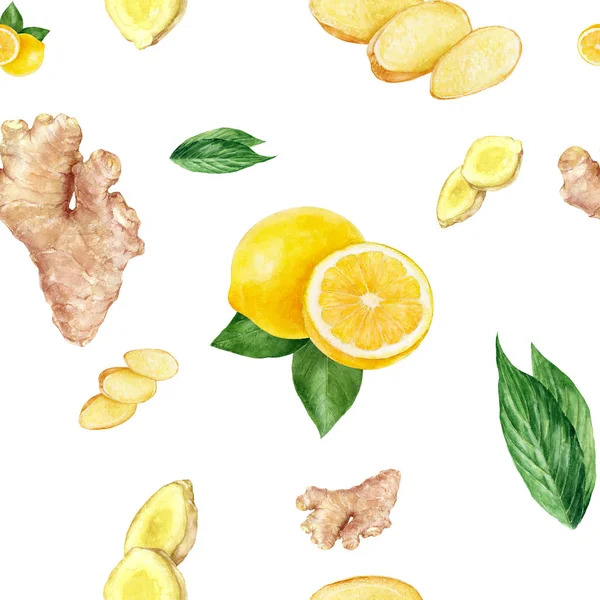 Aquarela mão desenhado limão, gengibre sem costura padrão . — Fotografia de Stock