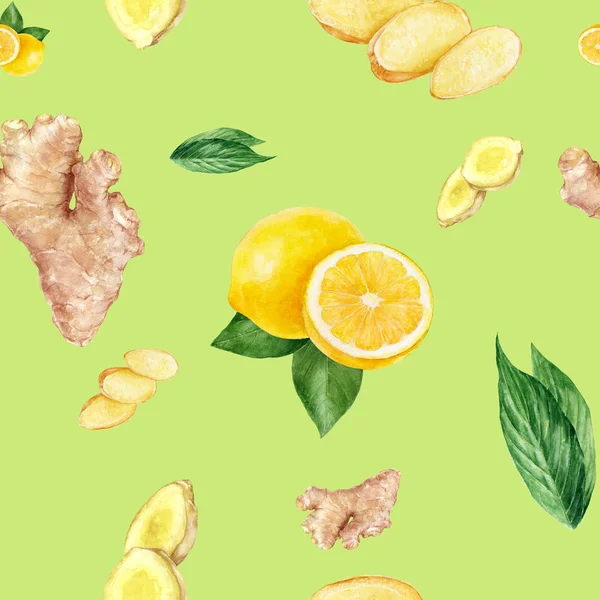 Aquarel hand getrokken citroen, gember naadloze patroon. — Stockfoto