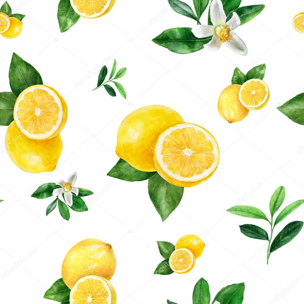 Watercolor hand drawn lemon fruit seamless pattern.