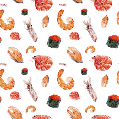 Suluboya somon balığı, kalamar, karides, suşi havyar izole seamless modeli.