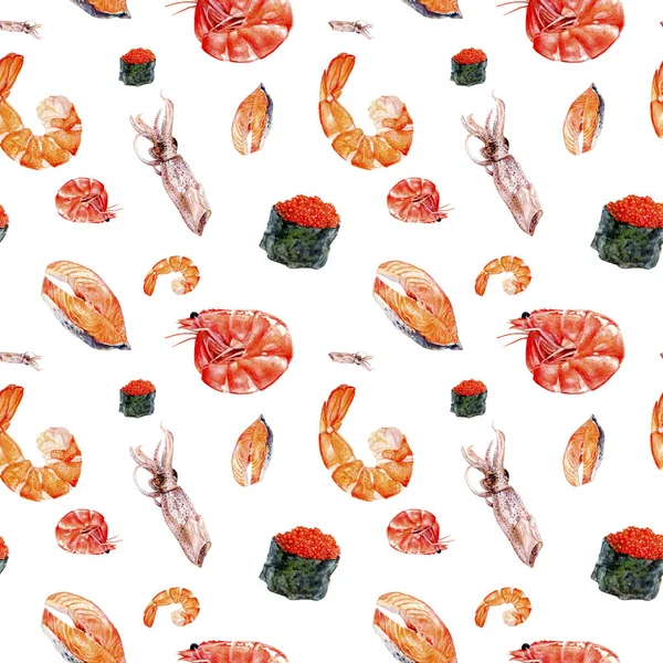 Acquerello salmone, calamari, gamberetti, sushi caviale isolato senza soluzione di continuità . — Foto Stock