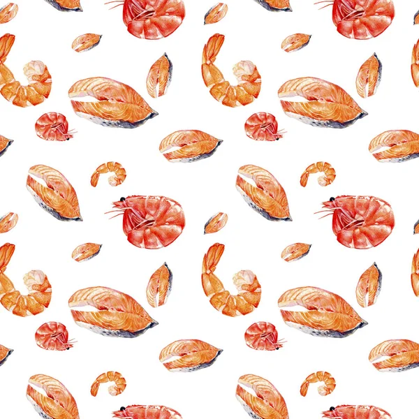 Watercolor hand drawn salmon, shrimp isolated seamless pattern.