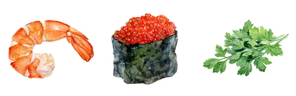 Salsa desenhada à mão aquarela, camarão, caviar de sushi . — Fotografia de Stock