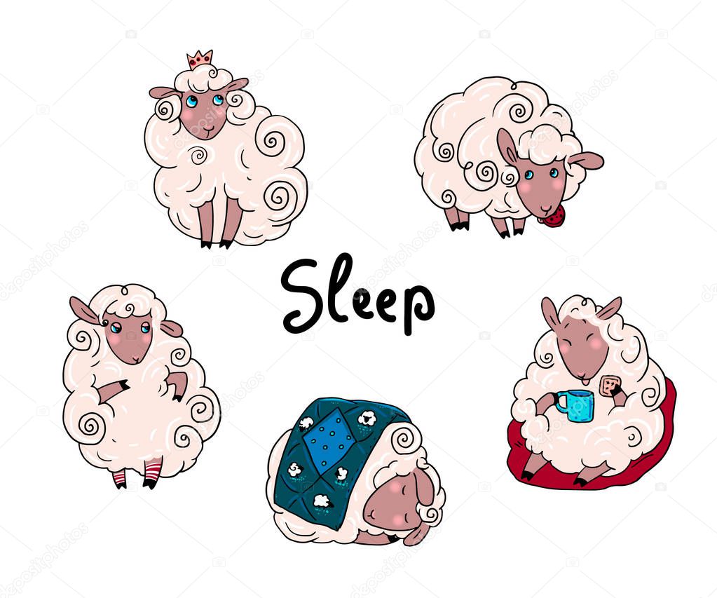 Lucky sheeps vector illustration set isolated on white.