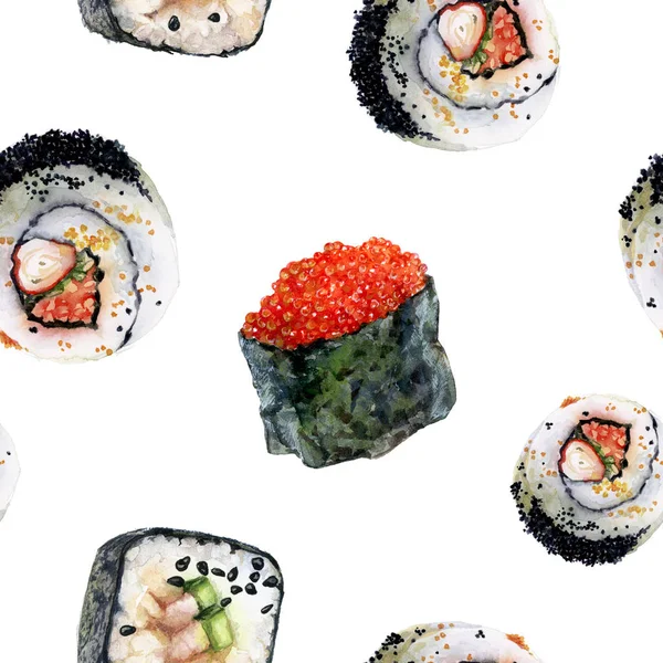 Dłoń akwarela ciągnione sushi na białym tle wzór. — Zdjęcie stockowe