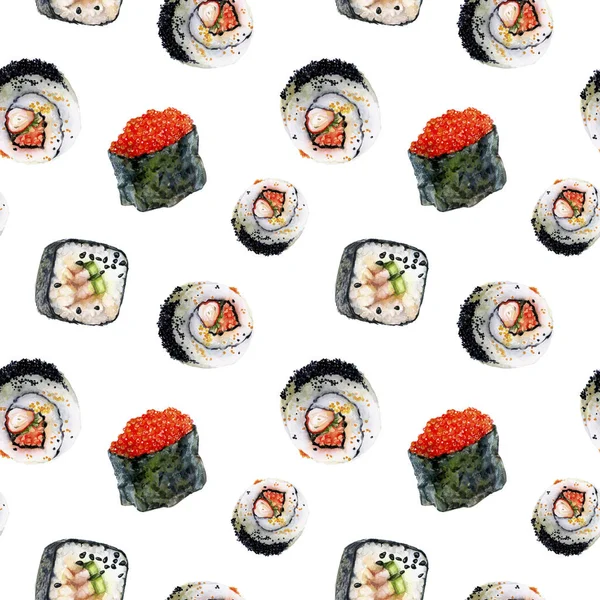 Aquarela mão desenhado sushi isolado sem costura padrão . — Fotografia de Stock