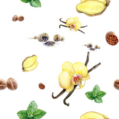Watercolor hand drawn vanilla spices seamless pattern. clipart