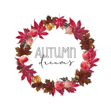 Suluboya el çizilmiş sonbahar yaprakları tasarım şablon kartı.