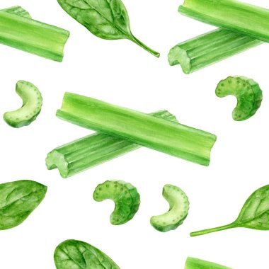 El çizimi suluboya ıspanak kerevizi beyaz arka planda izole edilmiş dikişsiz desen.