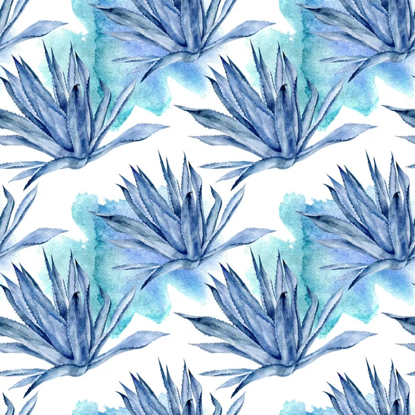 Hand drawn watercolor agave seamless pattern with watercolor spine on white background.