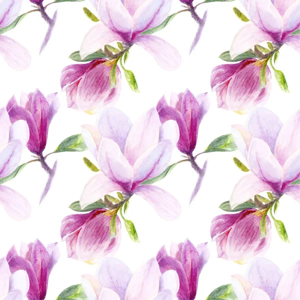 Hand drawn watercolor magnolia seamless pattern isolated on white background.