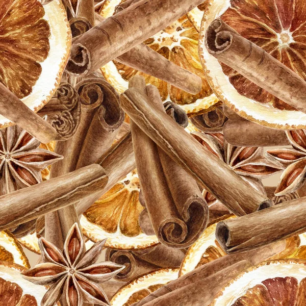 Hand drawn watercolor spice cinnamon anise dried orange seamless pattern.