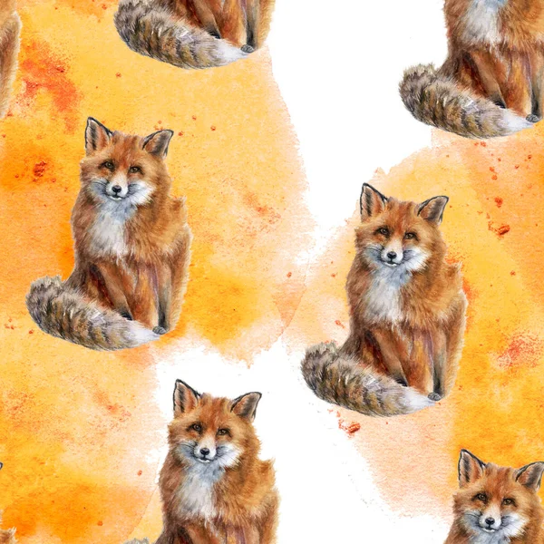 Hand drawn watercolor fox pattern with watercolor spine on white background.