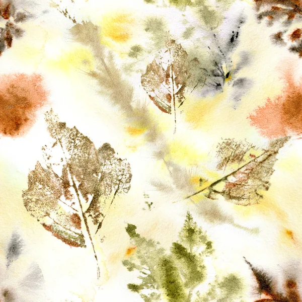 Fallen autumn leaves abstract seamless pattern. Watercolor hand drawn illustration.