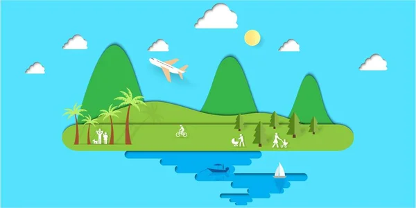 Mar Isla Fondo Verano Paisaje Papel Arte Diseño — Vector de stock