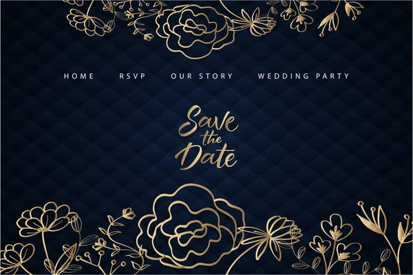 Goldene Elegante Landing Page Vorlage Für Hochzeit Mit Blauem Polsterhintergrund — Stockvektor