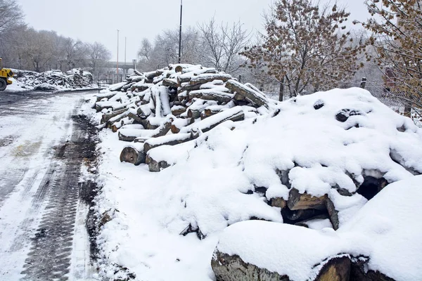 Brandhout Een Winter Magazijn Die Onder Sneeuw — Stockfoto