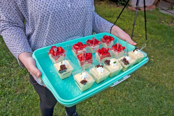 Une Jeune Fille Apporte Gâteau Pudding Avec Une Décoration Fruitée — Photo