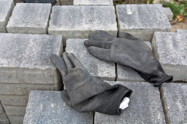 Large Pile Stacked Concrete Pavement Slabs Workers Gloves Left Them — Stock Photo, Image