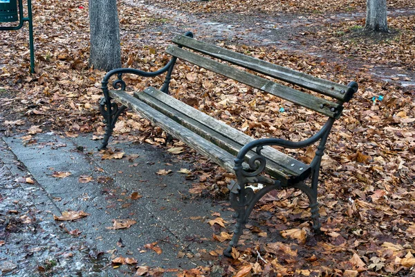 Una Vecchia Panchina Nel Parco Dove Sono Cadute Foglie Accenno — Foto Stock