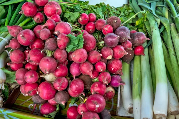 Ajánlat Vásárolni Piacon Hagyma Retek Póréhagyma Pulton Zöldségek Egészségesek Tele — Stock Fotó