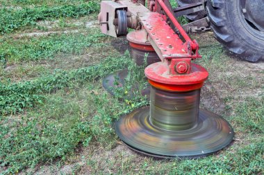 Elemir, Sırbistan, 17 Ağustos 2019. Çim biçme makineli küçük bir traktör yonca keser. Yonca hayvan yemi için hazırlanıyor..