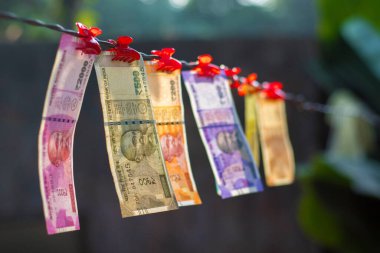 Yeni Hint para birimlerinin seçici odak noktası. 10, 20, 50, 200, 500.000 rupi bir havalede asılı..