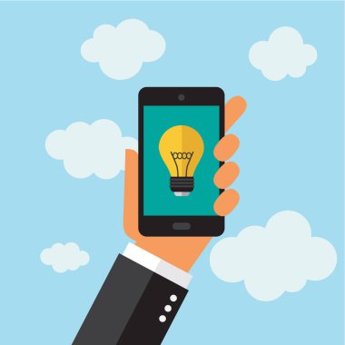 Bir telefon tutarak bir işadamı. Ampul simgesi. Çizimde vektörel çizimler.