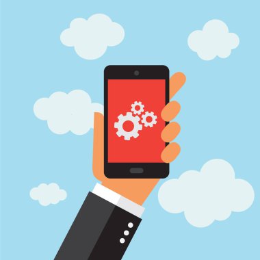 Bir telefon tutarak bir işadamı. Dişli simgesini. Çizimde vektörel çizimler.