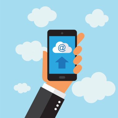 Bir telefon tutarak bir işadamı. Bulut simgesi. Çizimde vektörel çizimler.