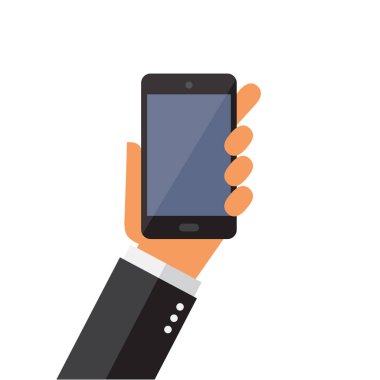 Bir telefon tutarak bir işadamı. Isotaed ekran. Çizimde vektörel çizimler.